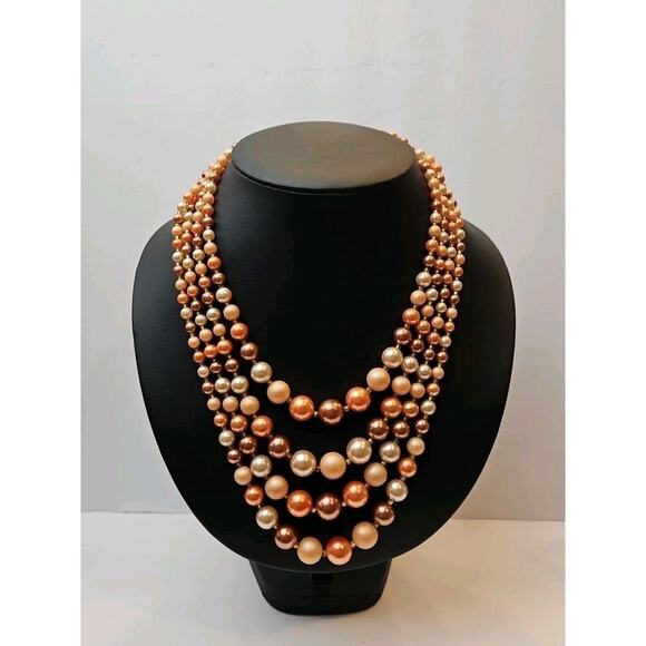 Vintage Faux Pearl 4 Strands 1950's Necklace Brown/Golden Made In Japan - Picture 1 of 6